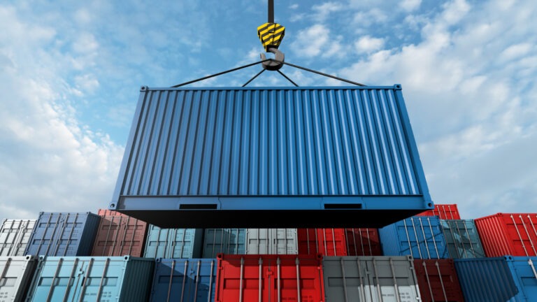 Crane hook with a cargo blue container